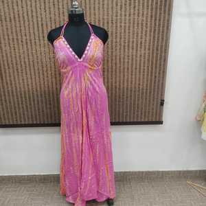 Pink Floral Rayon Maxi <b>Dress</b> V-neck Loose Boho Chiffon Summer <b>Beach</b> Casual Women's <b>Long</b> Sleeveless Asymmetrical Hem Tie Dye - Product Image 1