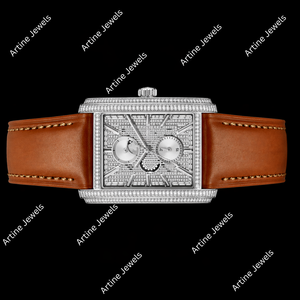 Montre rectangulaire de luxe sertie de diamants avec bracelet en cuir marron, un élément d'élégance pour un style moderne - Product Image 3