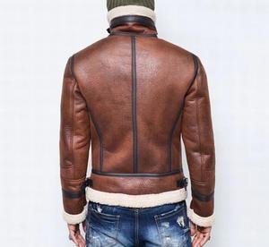 <b>Men's</b> <b>Brown</b> Genuine <b>Leather</b> Canvas Breathable Moto <b>Jacket</b> Polyester Lining Zipper Closure Stand Collar Winter Style Regular Fit - Product Image 3