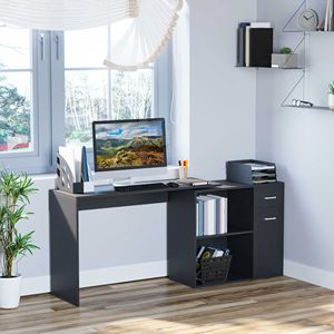 Scrivania a L Nera per Ufficio Domestico con Ripiani Girevoli, Cassetto e Libreria per Utenti di Laptop - Product Image 2