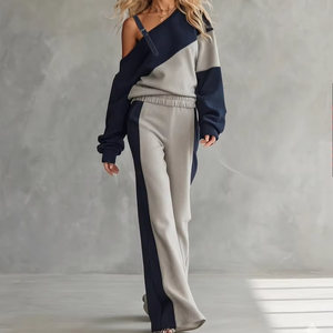 Conjunto de Sudadera de un Hombro con Bloques de Color y Pantalones Anchos para Mujer - Product Image 1