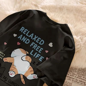 Camiseta de Verano con Estampado de Gato Perezoso de Dibujos Animados, Camiseta de Manga Corta para Parejas, Top Holgado Informal para Mujer - Product Image 2