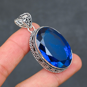 Magnifique pendentif en topaze bleue de Londres, pierre précieuse créée en laboratoire, en argent sterling 925, fait main, bijou statement, cadeau pour femme - Product Image 3
