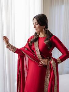 Party Wear Look Rangoli <b>Silk</b> Palazzo Women's <b>Red</b> <b>Silk</b> Embroidered Indian Pakistani Suit Set With Dupatta For Wedding Full Stitch - Product Image 2