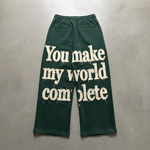 Vintage Distressed Fleece Streetwear Sweat <b>Pants</b> Embroidery <b>Men</b> Winter Wear Drawstring Waist Baggy Wide Leg <b>Pants</b> - Product Image 2