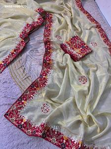 Sari tradicional indio con hermoso brillo Cosmos, con trabajo Gotapatti de Jaipur y borde Patola, conjunto de sari y blusa, proveedor de la India - Product Image 4