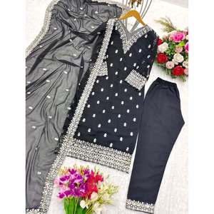 Designer Georgette Embroidery Sequence <b>Lace</b> Work <b>Top</b> Bottom and Dupatta in <b>Black</b> XXL Size - Product Image 3