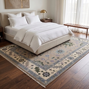 Tapis Oushak noué à la main, tapis en laine vintage à motifs floraux, bleu vert, style persan turc, tapis fait main - Product Image 4