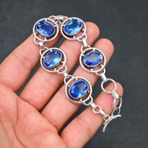 Lab-Created Tanzanite <b>Gemstone</b> Handmade 925 Silver Plated Luxury 5-Stone Oval Cut IGI Certified Jewelry <b>Bracelet</b> Designer - Product Image 2