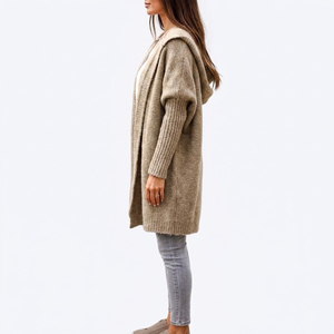 Women <b>Long</b> Knit <b>Cardigan</b> Hooded Open Front Casual Winter Wear 100% Acrylic Full Sleeve <b>Thick</b> Solid Color - Product Image 3