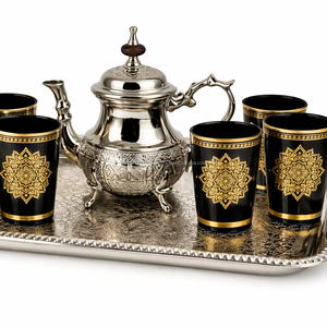 Nuevo diseño de juego de té árabe plateado, 6 vasos, un bandeja, una tetera en caja de regalo. - Product Image 1