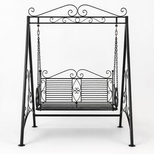 Outdoor Wrought Iron Garden <b>Swing</b> Bench With Ornate Scrollwork A <b>Frame</b> Chain Hanging Porch Patio Seat Furniture - Product Image 1