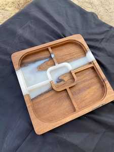 Designer Crystal River <b>Epoxy</b> Resin Wooden Serving Tray with Elegant Gold Metal Handles for Dining <b>Table</b>, Ottoman & Coffee - Product Image 2