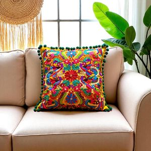 Colorful Mexican Embroidered Pillow <b>Cover</b> – Otomi Style Cushion, Floral <b>Throw</b> Pillow, Handmade Boho Decor, <b>Sofa</b> or Bed Accent - Product Image 5