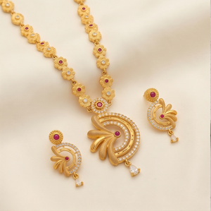 Divyoro Copper Floral <b>Ruby</b> Gold <b>Necklace</b> Earring Set Diamond Accents Women Wedding Party Jewelry Classic Style 24K Gold Plated - Product Image 1