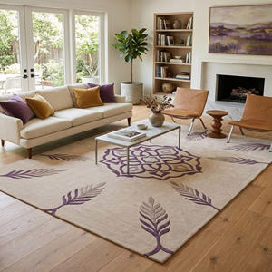 Alfombra Moderna de Lana de Nueva Zelanda Hecha a Mano, Mandala Geométrica Tallada a Mano en Morado y Beige con Ramas de Plumas, Tamaño Grande - Product Image 1