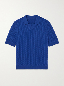 Men's <b>Blue</b> Cable Knit <b>Polo</b> <b>Shirt</b> Short Sleeve Textured Collared Top Casual Solid Knitted Tee - Product Image 2