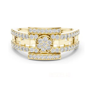 Anillo de Tres Piedras con Diamante Cultivado en Laboratorio, Corte Redondo, en Oro Amarillo, Silueta Fluida Orgánica, Estilo Moderno y Romántico - Product Image 1