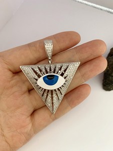 Collier Pendentif Œil Turc en Argent Sterling 925, Pavé de Moissanite, Émail Bleu, Bijoux Nazar, Vente en Gros - Product Image 1