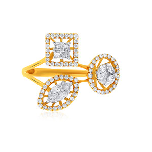 Anillo de Diamantes Versátil con Diseño Geométrico de Tres Piedras en Oro Amarillo Premium, Anillo de Cóctel con Halo de Diamantes y Corte Princesa - Product Image 3