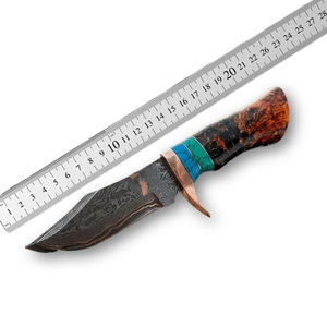 Cuchillo de caza y desollado de acero de Damasco forjado a mano, hoja recta con punta caída, mango de resina y madera, espiga completa, 3 años de garantía - Product Image 6