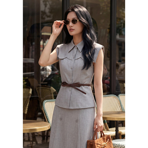 ODM OEM Women's Elegant Gray Button Woven Sailor Collar Tailored <b>Blouse</b> Sleeveless Office Chic Top Polyester Spandex MELA - Product Image 4