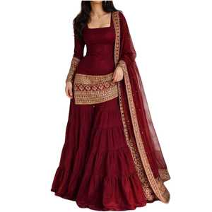 Ensemble Anarkali traditionnel brodé pour femmes, en coton marron, longueur au sol, coupe régulière, tenues indiennes et pakistanaises, vêtements de mariage - Product Image 1