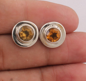 Natural Round Citrine Stud <b>Earrings</b> 925 Sterling <b>Silver</b> Vintage Style Yellow Gemstone Solitaire Studs Wholesale B2B Jewelry - Product Image 2
