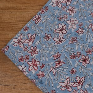 Traditional Breathable Lightweight Sky Blue Red Floral Hand Block Printed 100% Cotton <b>Fabric</b> White Leaf Stem Design for Fashion - Product Image 3