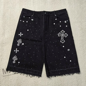 Fabricantes de pantalones cortos de mezclilla personalizados de verano estilo vintage para hombre, pantalones cortos de mezclilla holgados con pedrería - Product Image 1