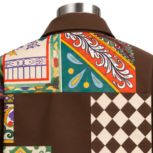 Chaqueta de Trabajo Personalizada con Mosaico Marrón, Parches Florales Multicolores, Estampado, Cierre de Botones, Estilo Casual Urbano, con Bolsillos Funcionales - Product Image 4