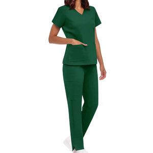 Ensemble de blouses médicales vertes pour femmes, col en V, manches courtes, pantalon, uniforme d'hôpital, coton et polyester tissé - Product Image 1
