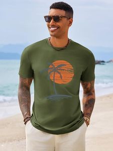Camiseta de Manga Corta Verde Oliva para Hombre con Estampado de Palmeras al Atardecer, Cuello Redondo Informal, Algodón Jersey, Corte Regular - Product Image 3