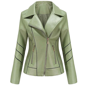 Chaqueta de Motociclista de Cuero PU Verde para Mujer, con Cuello Plegable y Cierre de Cremallera, Chaqueta de Cuero a la Moda - Product Image 1