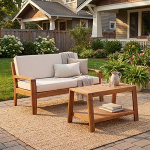 Set da Giardino 2 Pezzi in Legno Teak Acacia per Esterni: Divanetto e Tavolino con Cuscini Beige Resistenti all'Acqua, Capacità 350 libbre - Product Image 3