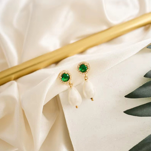 <b>Emerald</b> Pave <b>Drop</b> Pearl <b>Earrings</b> 925 Sterling Silver 14K Gold Plated Wedding Jewelry For Women Elegant Gift - Product Image 1