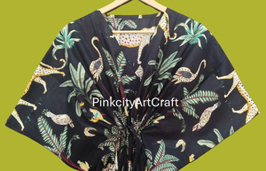 Vestido Kaftán de Algodón Ecológico Hecho a Mano, Estampado Tropical de Selva, Estilo Boho, Tejido Ligero y Transpirable de Primera Calidad, Manga Corta - Product Image 2