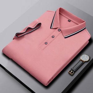Men's Navy <b>Blue</b> Short Sleeve <b>Polo</b> <b>Shirt</b> Knitted Cotton Solid Color Casual Breathable Design with Contrast Trim Collar - Product Image 6