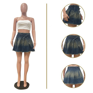 Summer Women Casual Denim Pleated Skirt High Waist Stonewashed Asymmetric Design Ruffles Regular Fit - Product Image 2