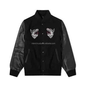 Wol Met Lederen Mouwen MSWVJ087 Zwarte Wolf Borduren Varsity Jacket