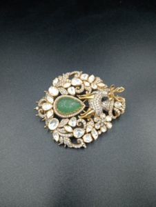 Broches en pierre Polki double verte en argent 925 plaqué or, design floral fait main, pour mariage et soirée, unisexe - Product Image 4