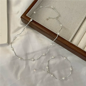 Collier et bracelet en argent sterling S925, style coréen vintage, faits à la main, avec perles d'eau douce courbées, design coréen, pour la clavicule - Product Image 1