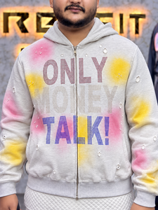 Sweat-shirt à capuche surdimensionné pour homme avec imprimé en strass « Only Money Talk », style streetwear, 100% coton, tissu French Terry - Product Image 3