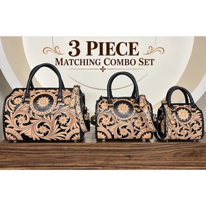 Luxury Western Full Hand Tooled Floral Genuine Leather 3 Piece Matching Luggage Sets Style <b>Crossbody</b> Travel Speedy Duffel <b>Bag</b> - Product Image 1