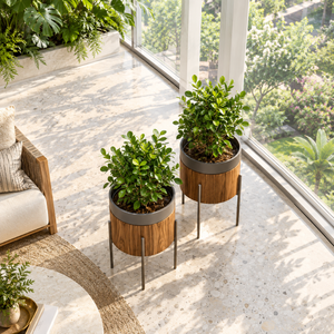 Jardinière d'intérieur en métal imitation bois avec support surélevé |   Pot de fleurs rond moderne pour salon, hôtel, bureau, maison, jardin, décoration, plante - Product Image 4