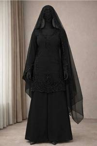 Designer <b>Beads</b> Embroidery Work Faux Georgette Black <b>Top</b> With Bottom And Dupatta Fully Stitched Ready To Wear Set - Product Image 4