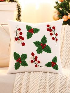 Handmade Punch Needle Holly Berry Cushion Cover Dark Green Textured Fabric Square <b>Throw</b> Pillow Case Festive <b>Christmas</b> Home Decor - Product Image 5