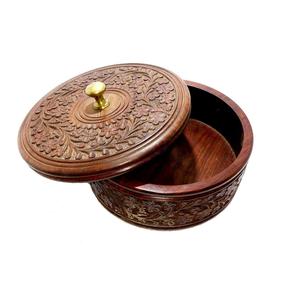 Casserole en bois sculptée à la main avec couvercle, design moderne et luxueux, écologique, pour la cuisine, stockage de roti et de chapati - Product Image 3