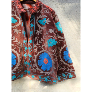Veste en velours marron brodée Suzani, style bohème floral Kantha pour femme, col montant, coton, style hippie, cadeau pour elle - Product Image 3