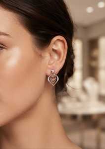 Boucles d'oreilles clous en or rose avec diamants, ajourées, taille brillant rond, plaqué rhodium, or massif 18 carats pour femme, usage quotidien - Product Image 3
